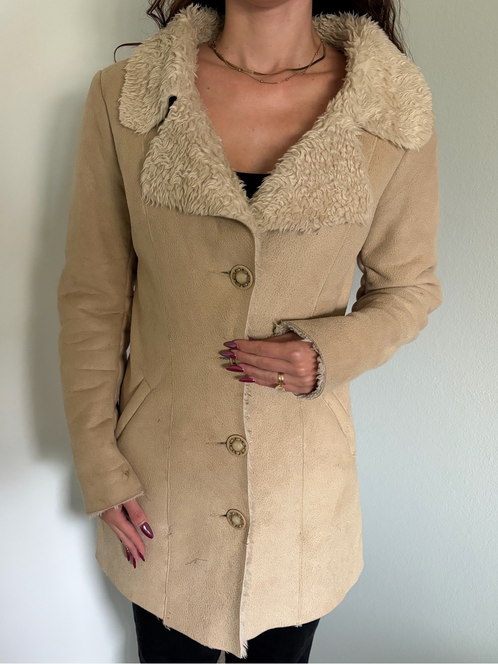 Beige faux suede & fur coat